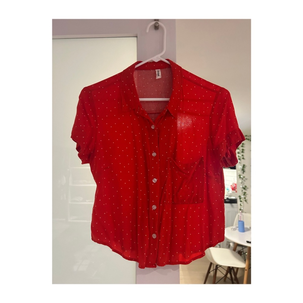 Women's Button-Up Blouse - Red & White Polka Dot